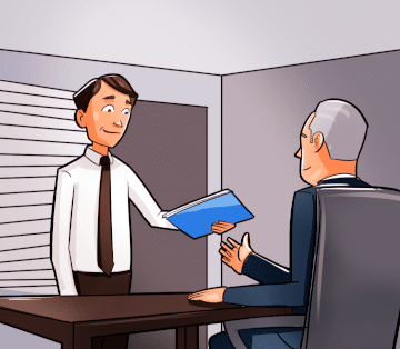 Businessman handing file folders to man behind a desk