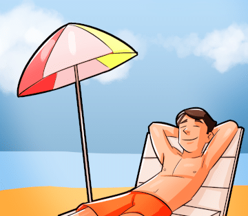 Man sitting in a chair in swim shorts under a beach umbrella