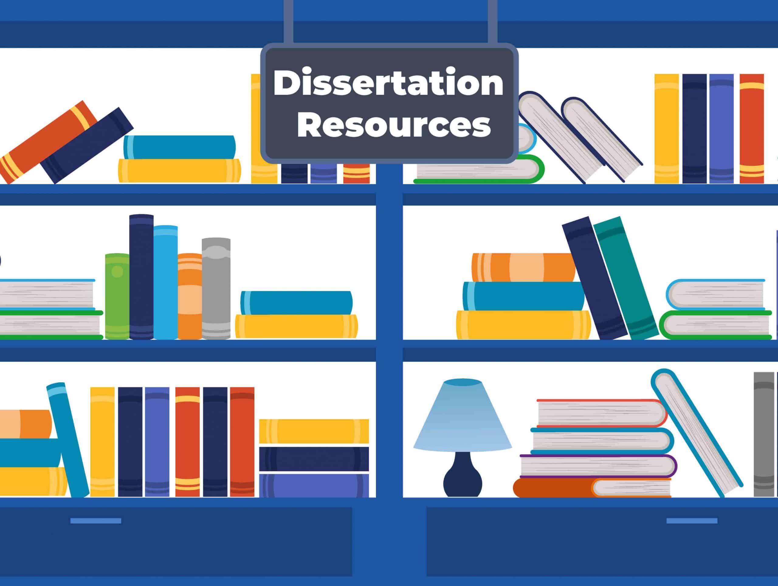 Bookshelf with sign that says Dissertation Resources, to demonstrate help with dissertation research